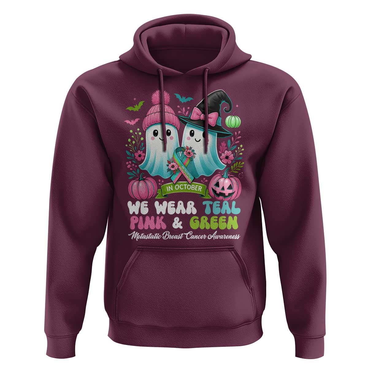 Metastatic Breast Cancer Awareness Ghost Hoodie Halloween Green Teal Pink Ribbon - Wonder Print Shop