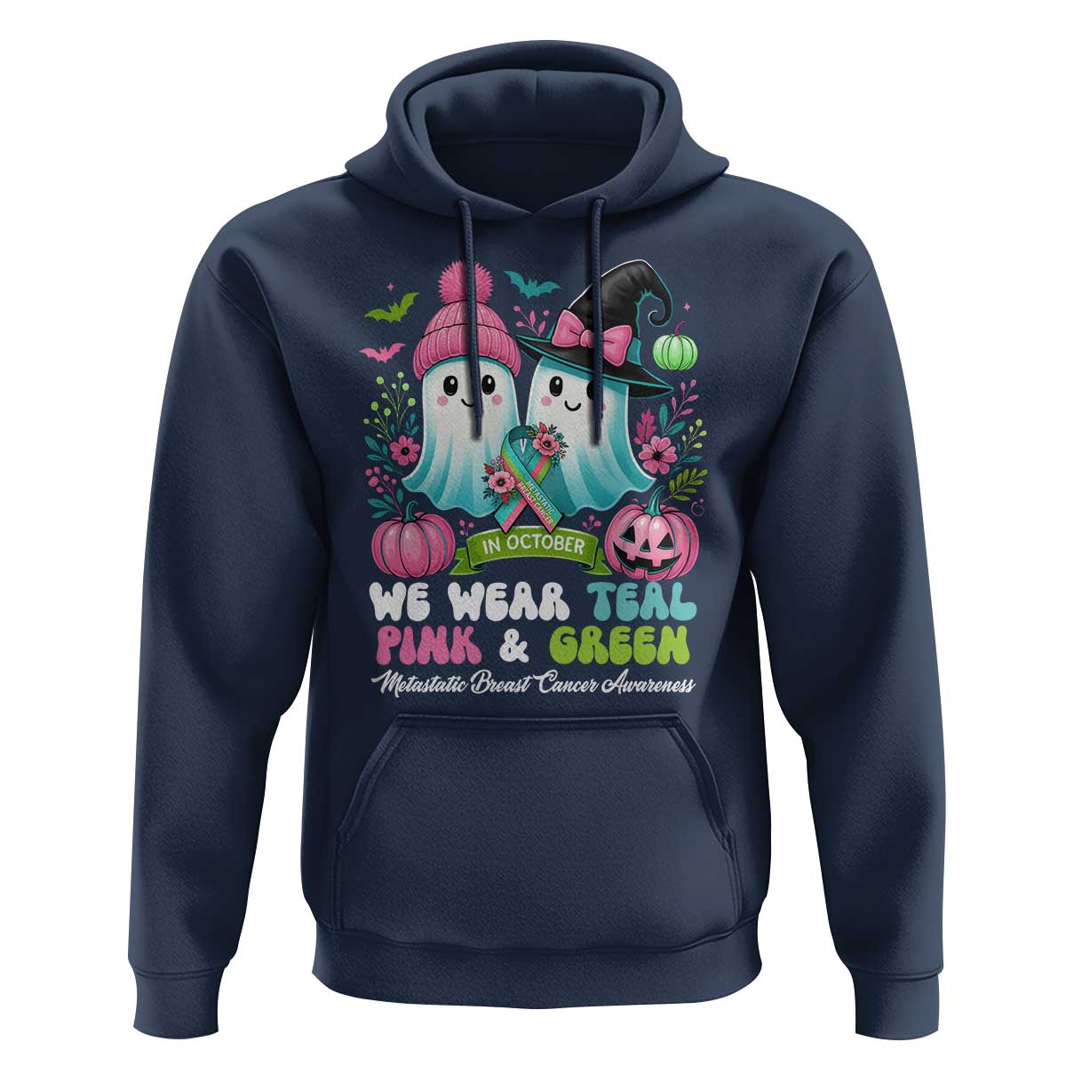 Metastatic Breast Cancer Awareness Ghost Hoodie Halloween Green Teal Pink Ribbon - Wonder Print Shop