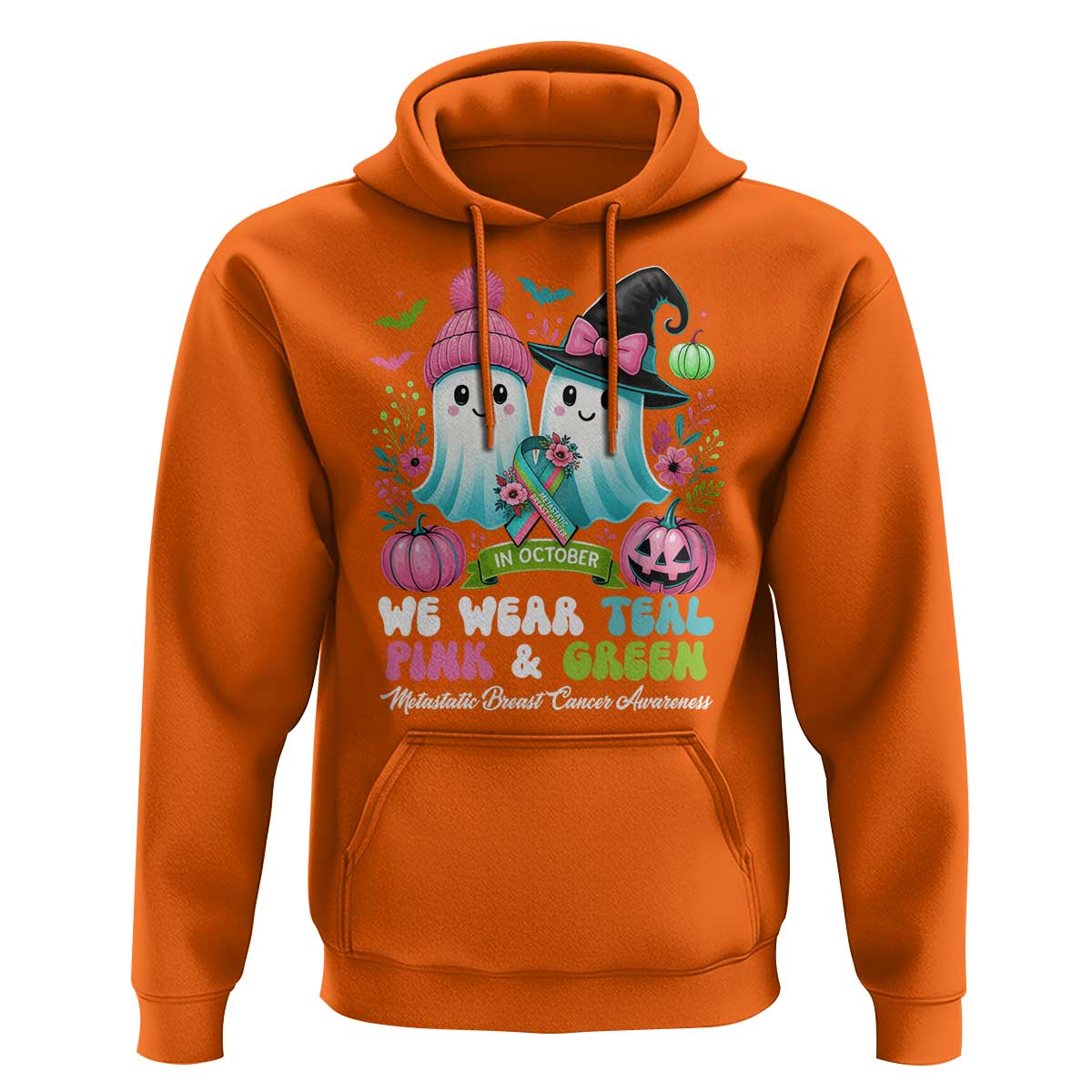 Metastatic Breast Cancer Awareness Ghost Hoodie Halloween Green Teal Pink Ribbon - Wonder Print Shop