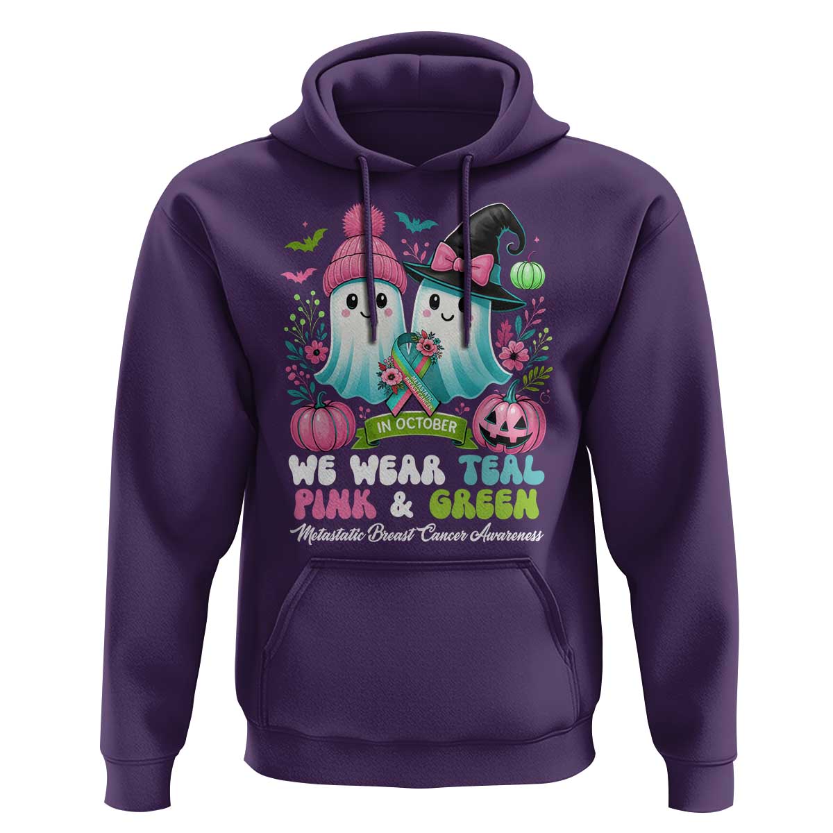 Metastatic Breast Cancer Awareness Ghost Hoodie Halloween Green Teal Pink Ribbon - Wonder Print Shop