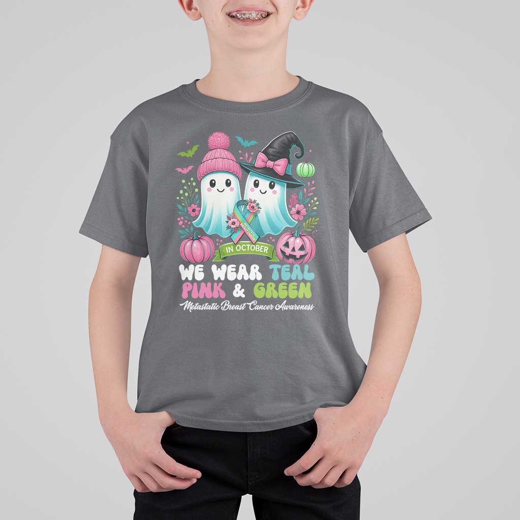 Metastatic Breast Cancer Awareness Ghost T Shirt For Kid Halloween Green Teal Pink Ribbon - Wonder Print Shop
