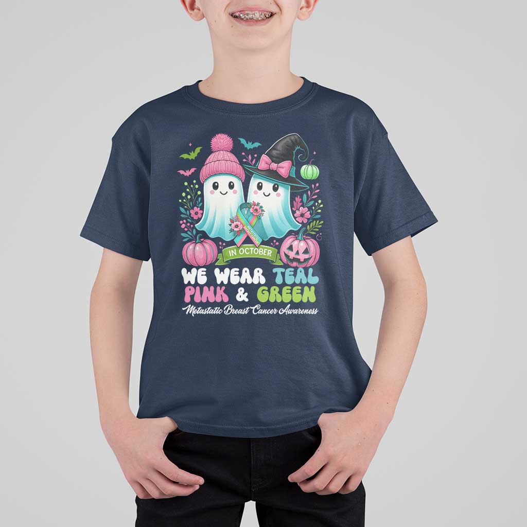 Metastatic Breast Cancer Awareness Ghost T Shirt For Kid Halloween Green Teal Pink Ribbon - Wonder Print Shop