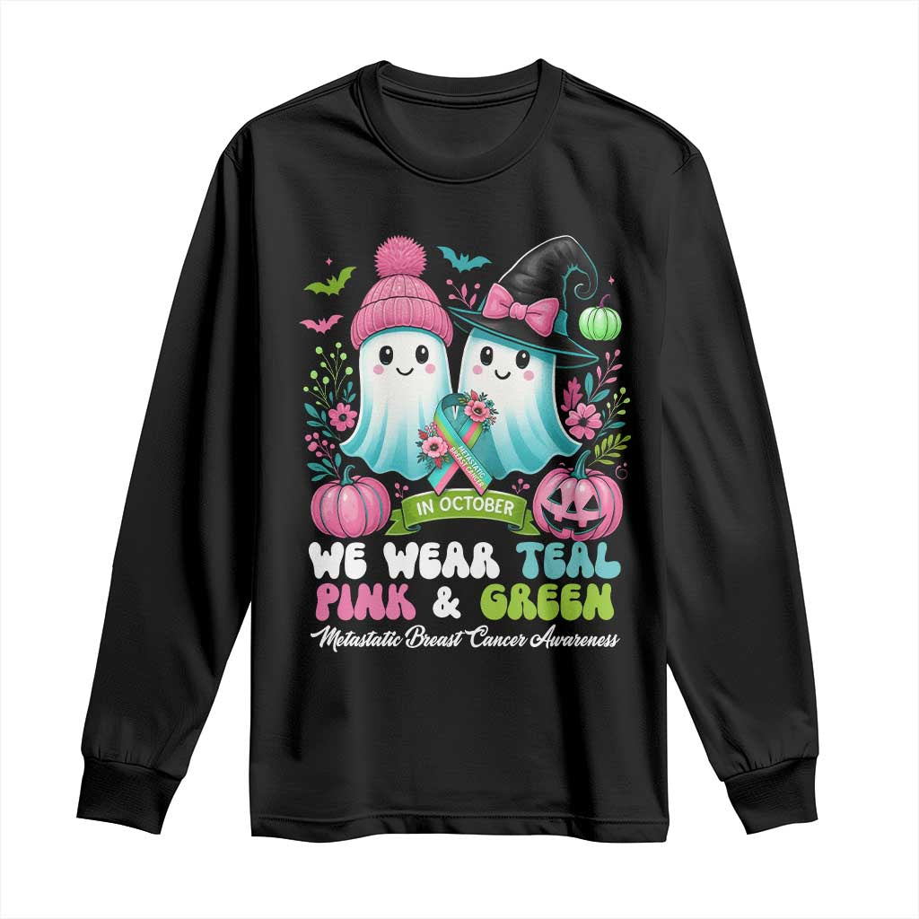 Metastatic Breast Cancer Awareness Ghost Long Sleeve Shirt Halloween Green Teal Pink Ribbon - Wonder Print Shop