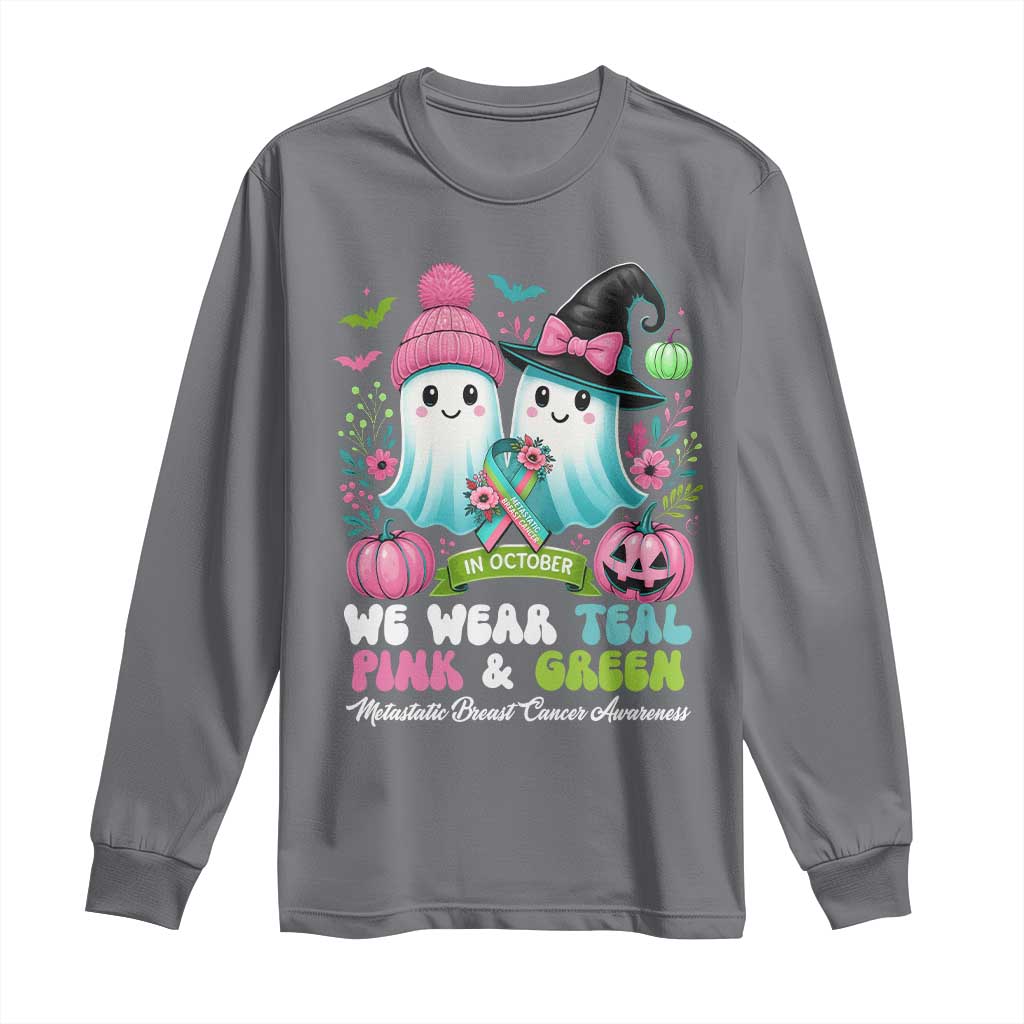 Metastatic Breast Cancer Awareness Ghost Long Sleeve Shirt Halloween Green Teal Pink Ribbon - Wonder Print Shop