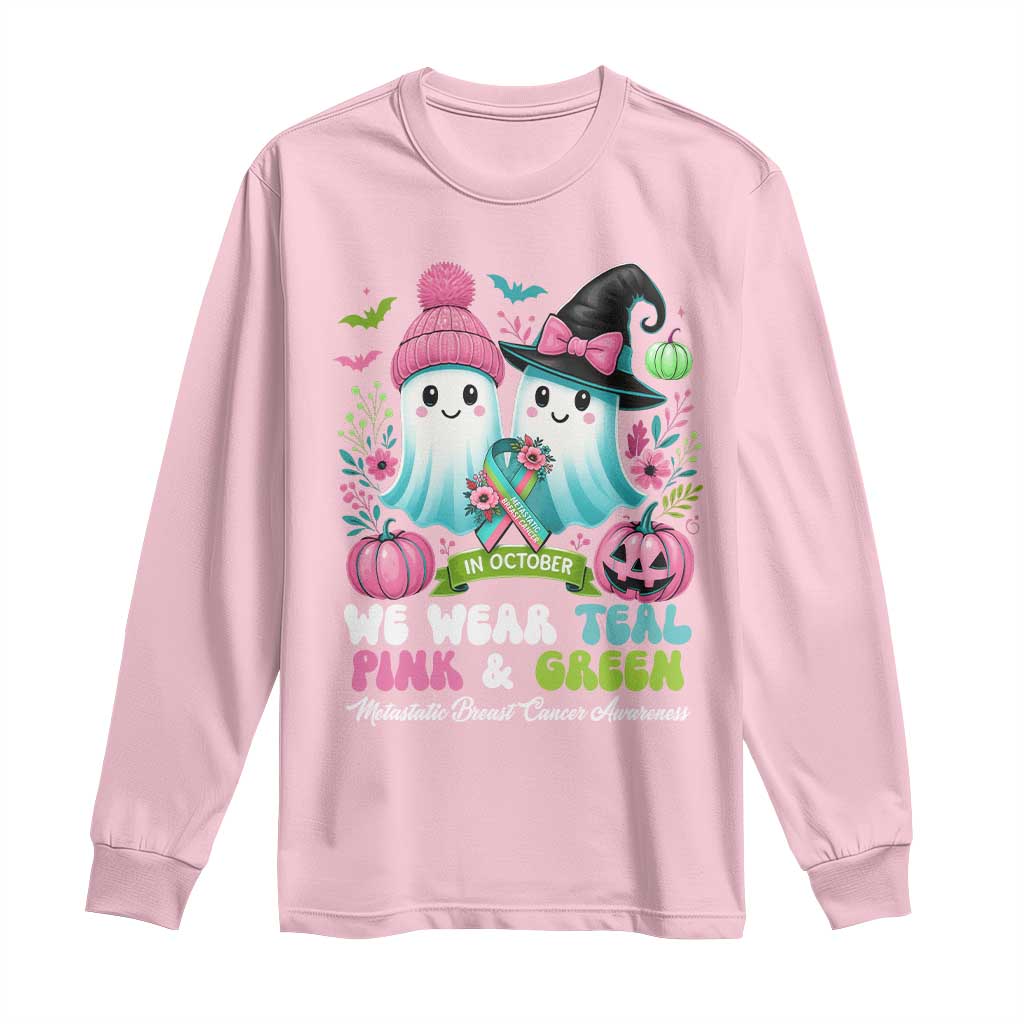 Metastatic Breast Cancer Awareness Ghost Long Sleeve Shirt Halloween Green Teal Pink Ribbon - Wonder Print Shop