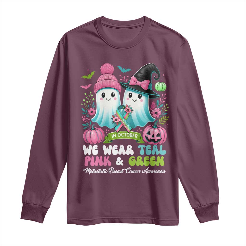 Metastatic Breast Cancer Awareness Ghost Long Sleeve Shirt Halloween Green Teal Pink Ribbon - Wonder Print Shop