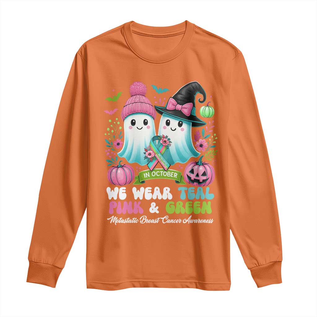 Metastatic Breast Cancer Awareness Ghost Long Sleeve Shirt Halloween Green Teal Pink Ribbon - Wonder Print Shop