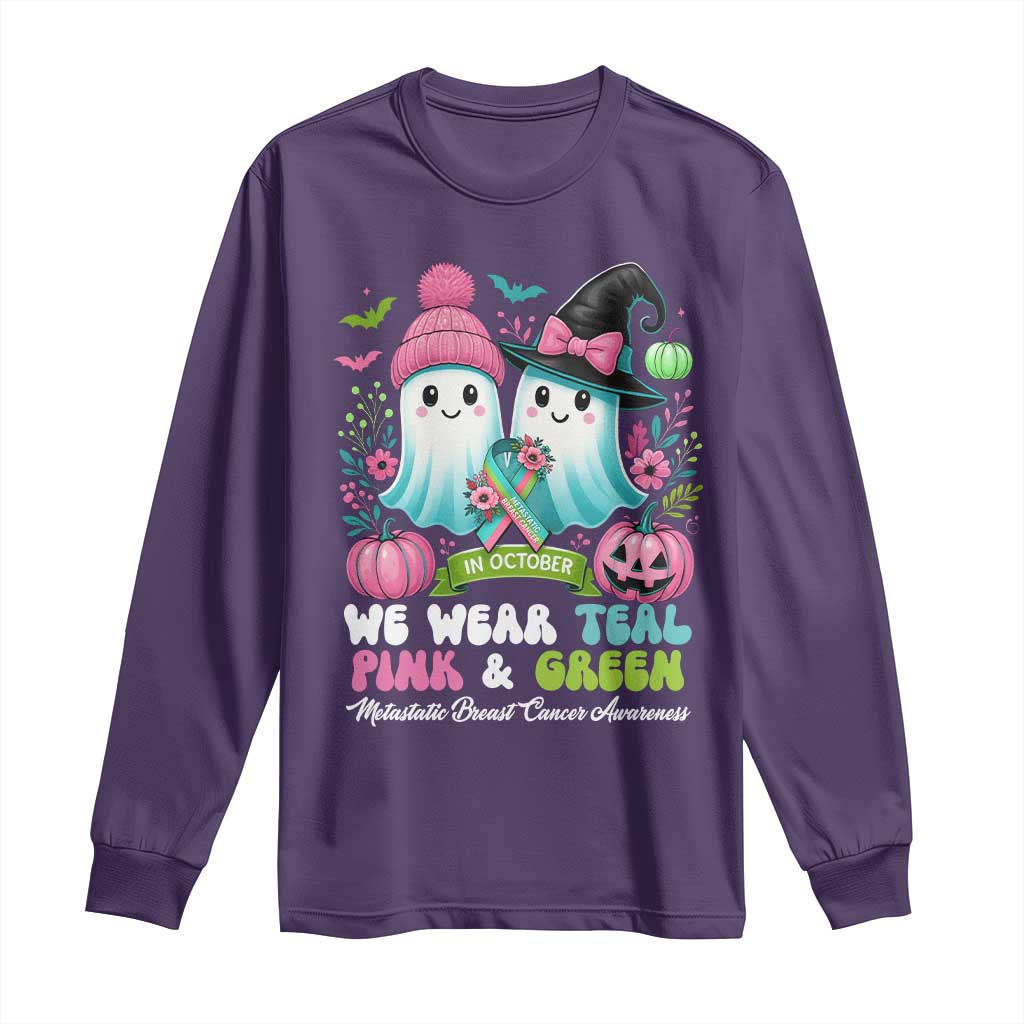 Metastatic Breast Cancer Awareness Ghost Long Sleeve Shirt Halloween Green Teal Pink Ribbon - Wonder Print Shop
