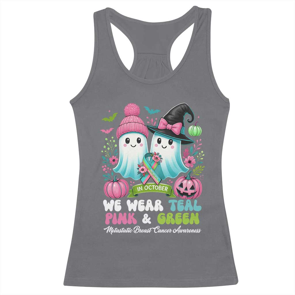 Metastatic Breast Cancer Awareness Ghost Racerback Tank Top Halloween Green Teal Pink Ribbon - Wonder Print Shop