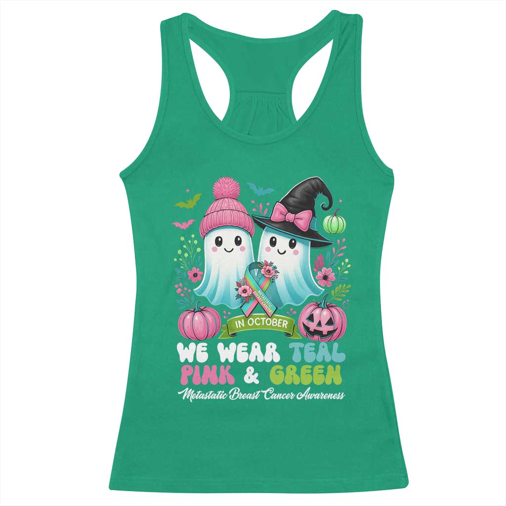 Metastatic Breast Cancer Awareness Ghost Racerback Tank Top Halloween Green Teal Pink Ribbon - Wonder Print Shop