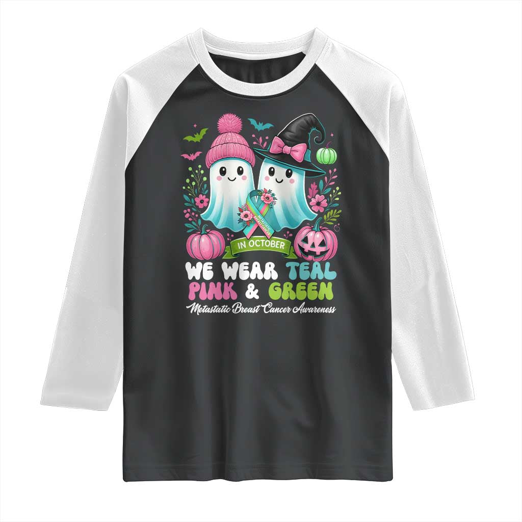 Metastatic Breast Cancer Awareness Ghost Raglan Shirt Halloween Green Teal Pink Ribbon - Wonder Print Shop