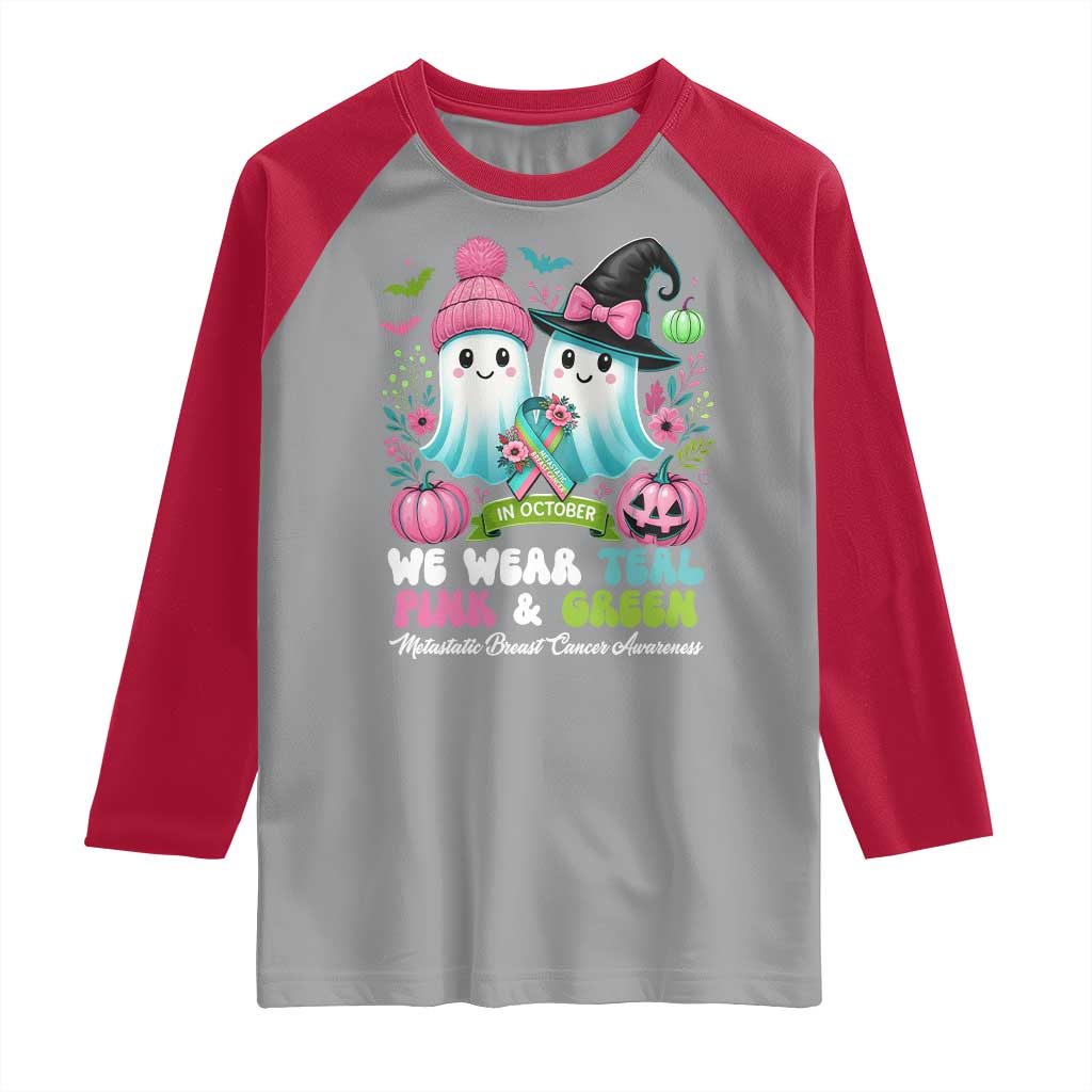 Metastatic Breast Cancer Awareness Ghost Raglan Shirt Halloween Green Teal Pink Ribbon - Wonder Print Shop