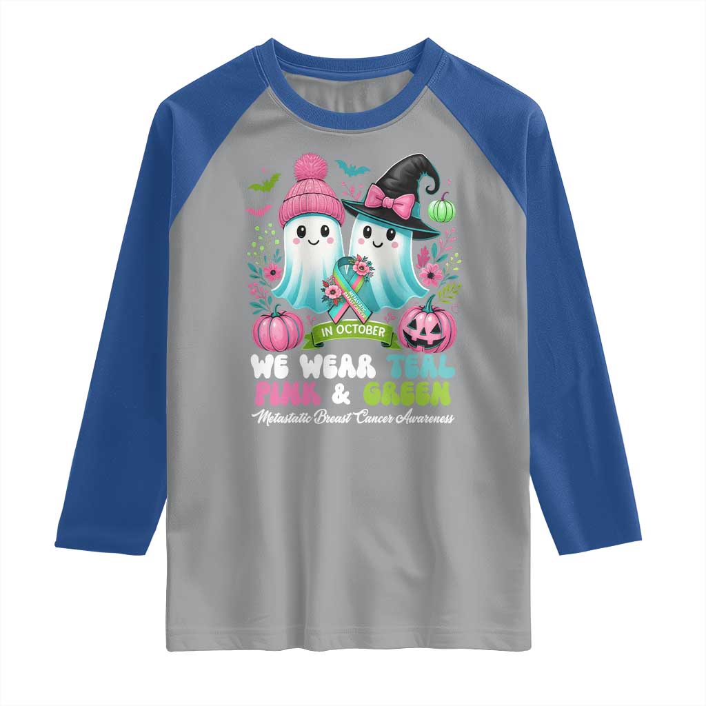 Metastatic Breast Cancer Awareness Ghost Raglan Shirt Halloween Green Teal Pink Ribbon - Wonder Print Shop