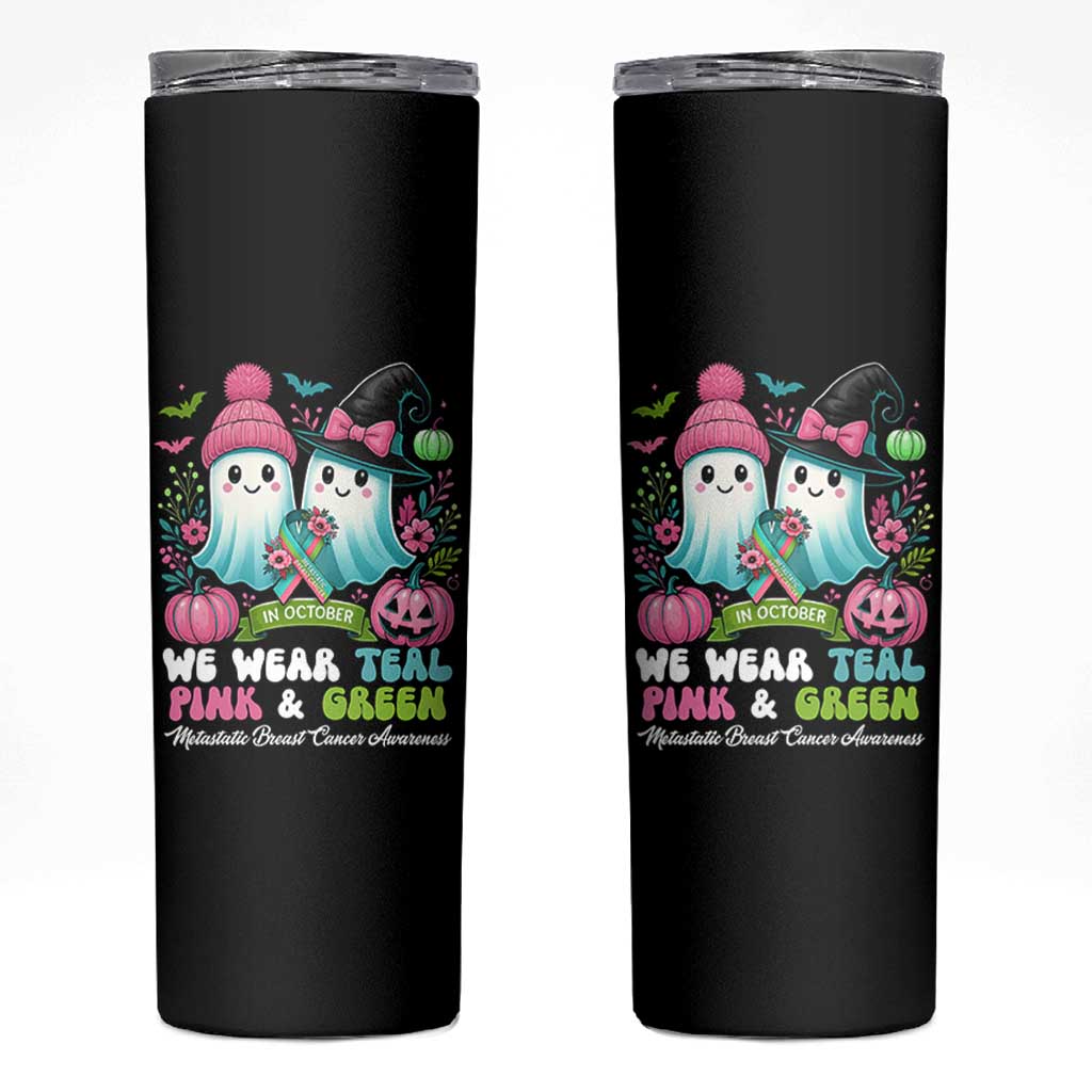 Metastatic Breast Cancer Awareness Ghost Skinny Tumbler Halloween Green Teal Pink Ribbon - Wonder Print Shop