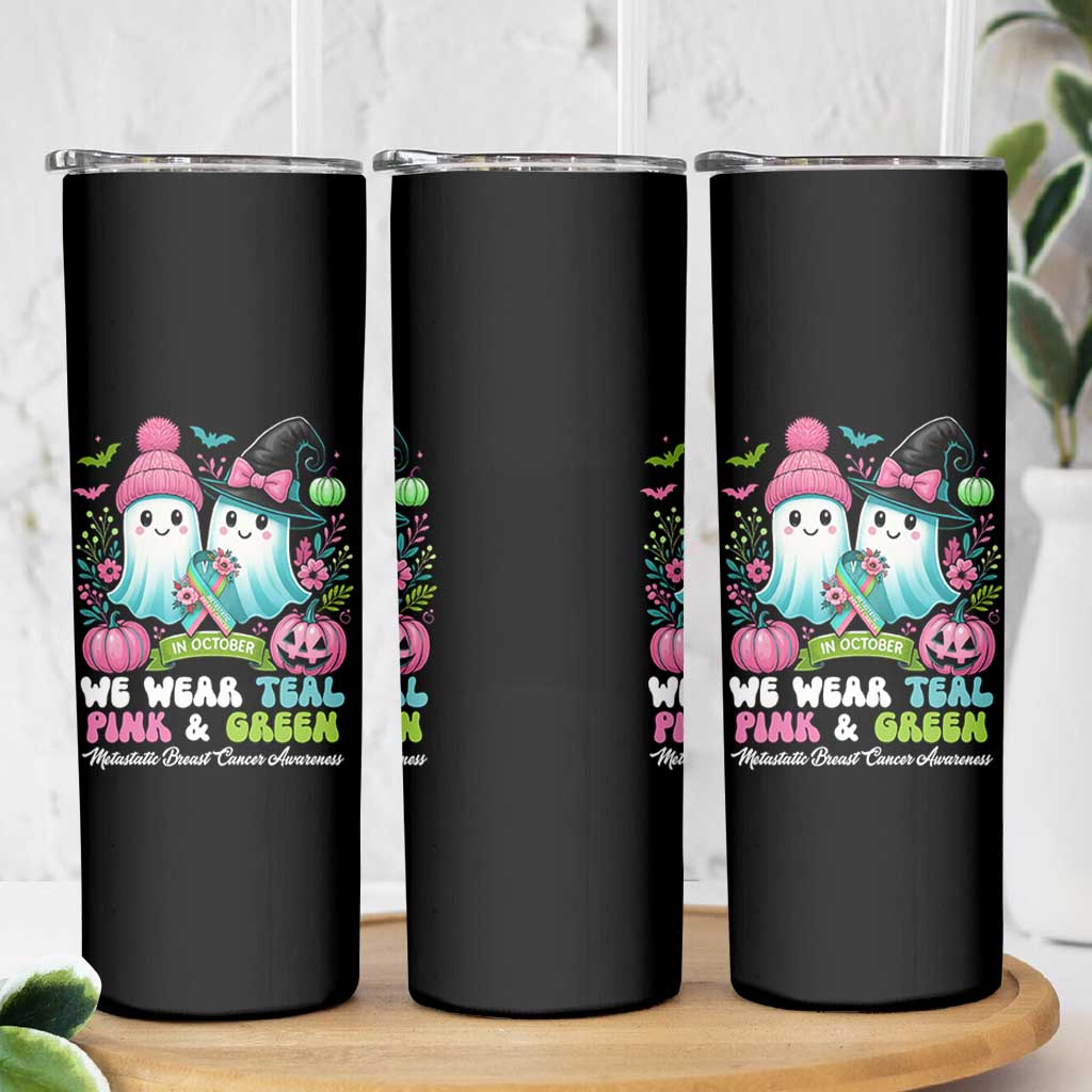 Metastatic Breast Cancer Awareness Ghost Skinny Tumbler Halloween Green Teal Pink Ribbon - Wonder Print Shop
