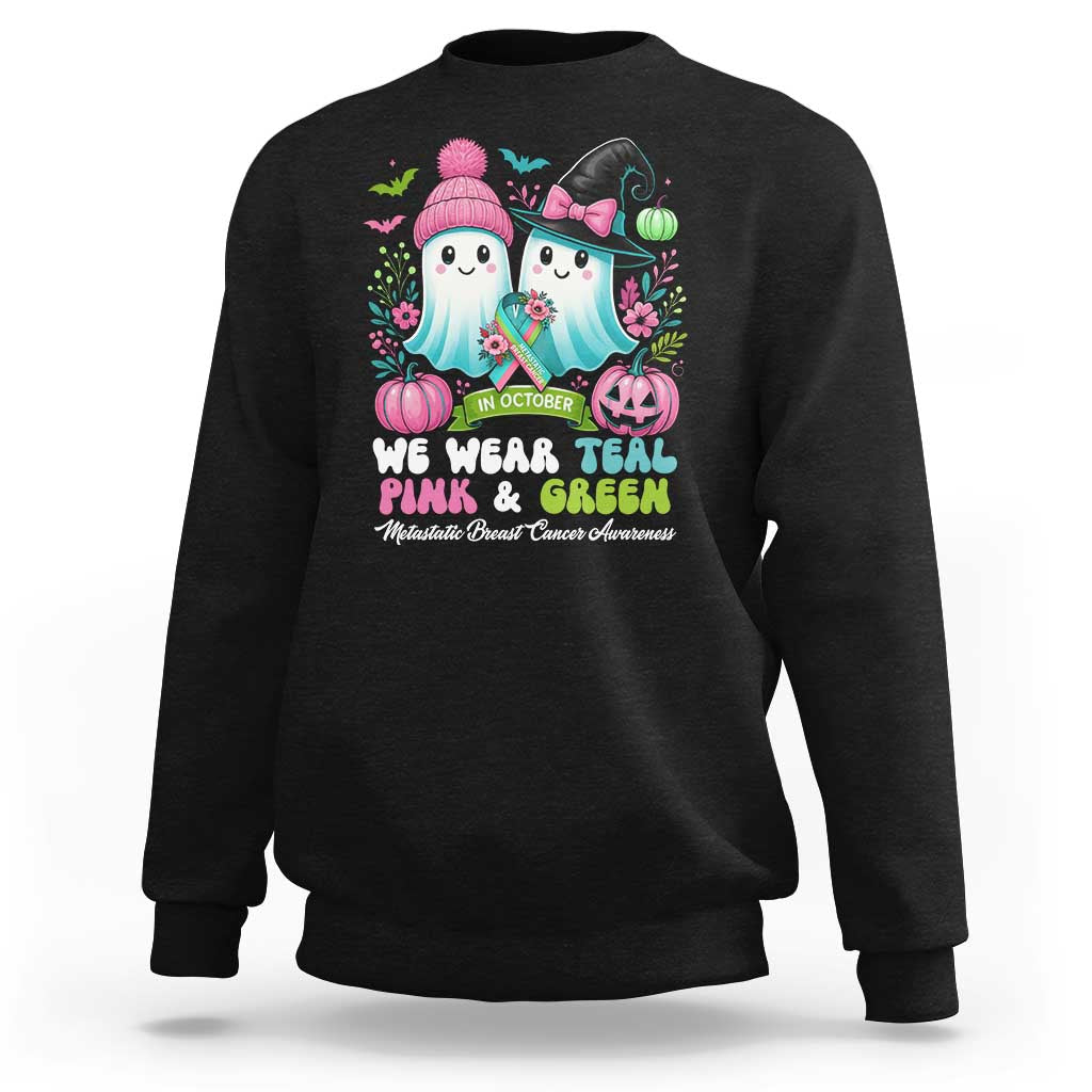 Metastatic Breast Cancer Awareness Ghost Sweatshirt Halloween Green Teal Pink Ribbon - Wonder Print Shop