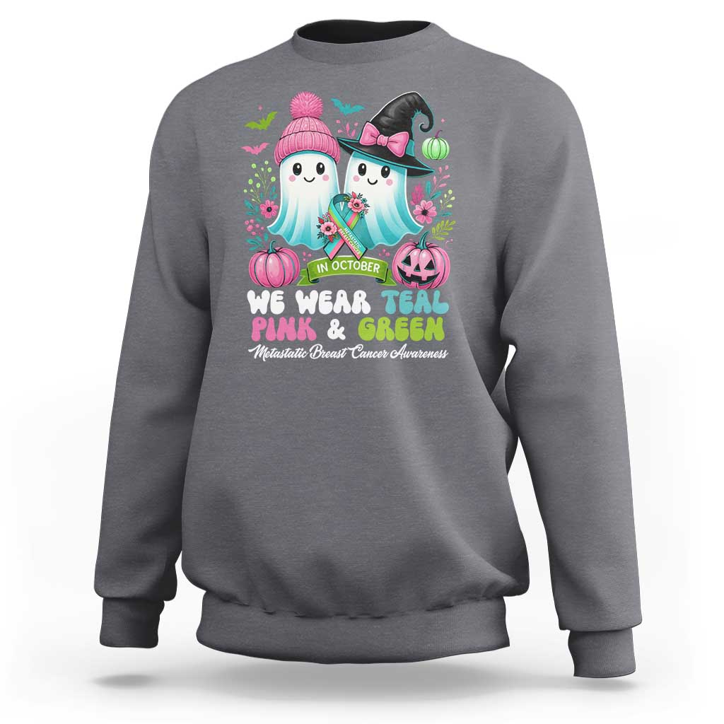 Metastatic Breast Cancer Awareness Ghost Sweatshirt Halloween Green Teal Pink Ribbon - Wonder Print Shop