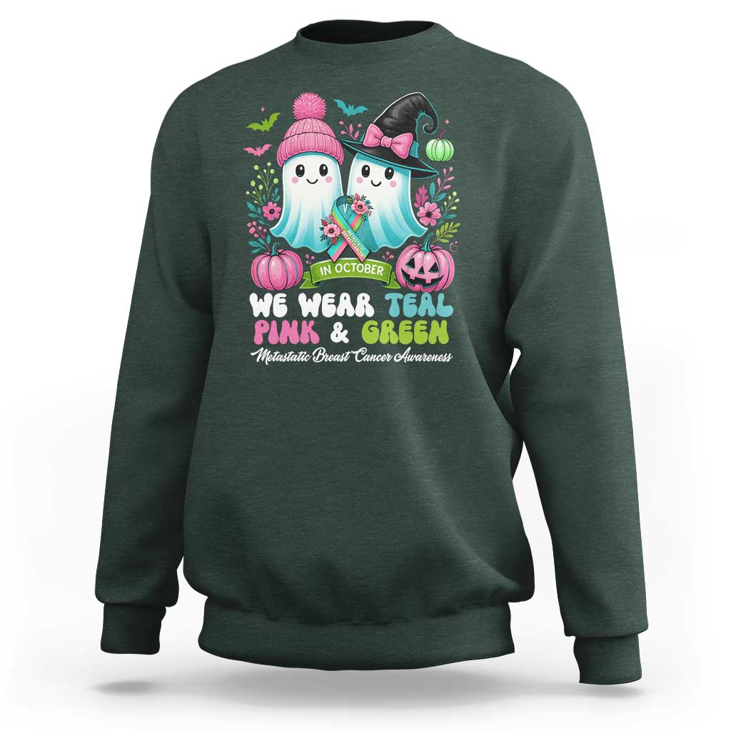 Metastatic Breast Cancer Awareness Ghost Sweatshirt Halloween Green Teal Pink Ribbon - Wonder Print Shop