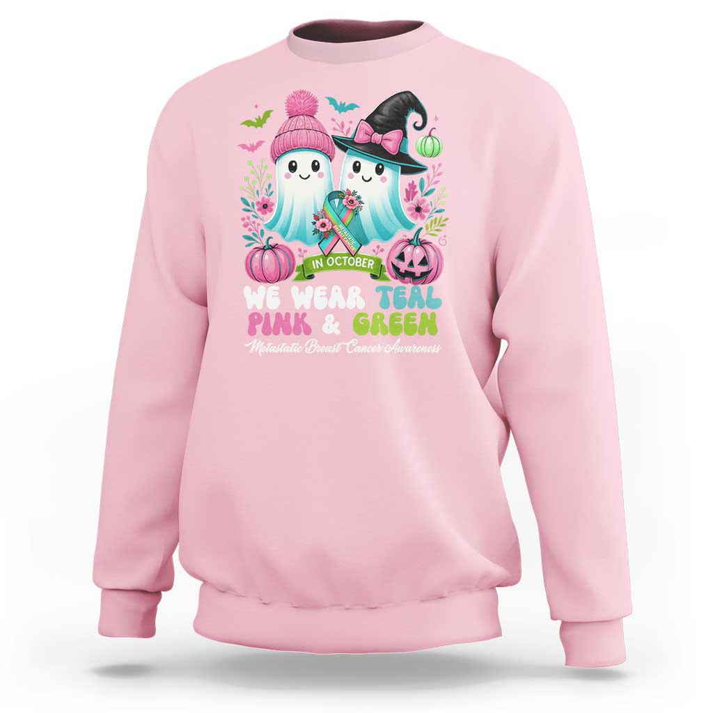 Metastatic Breast Cancer Awareness Ghost Sweatshirt Halloween Green Teal Pink Ribbon - Wonder Print Shop