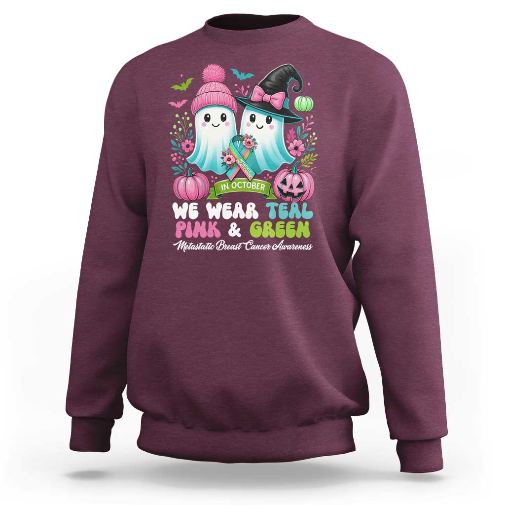 Metastatic Breast Cancer Awareness Ghost Sweatshirt Halloween Green Teal Pink Ribbon - Wonder Print Shop