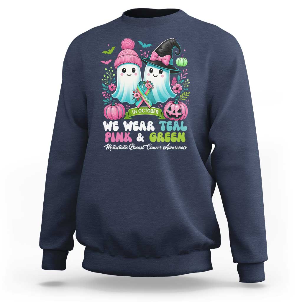 Metastatic Breast Cancer Awareness Ghost Sweatshirt Halloween Green Teal Pink Ribbon - Wonder Print Shop