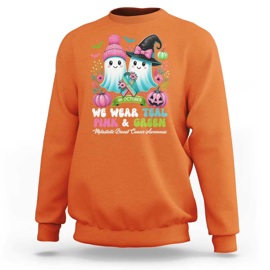 Metastatic Breast Cancer Awareness Ghost Sweatshirt Halloween Green Teal Pink Ribbon - Wonder Print Shop