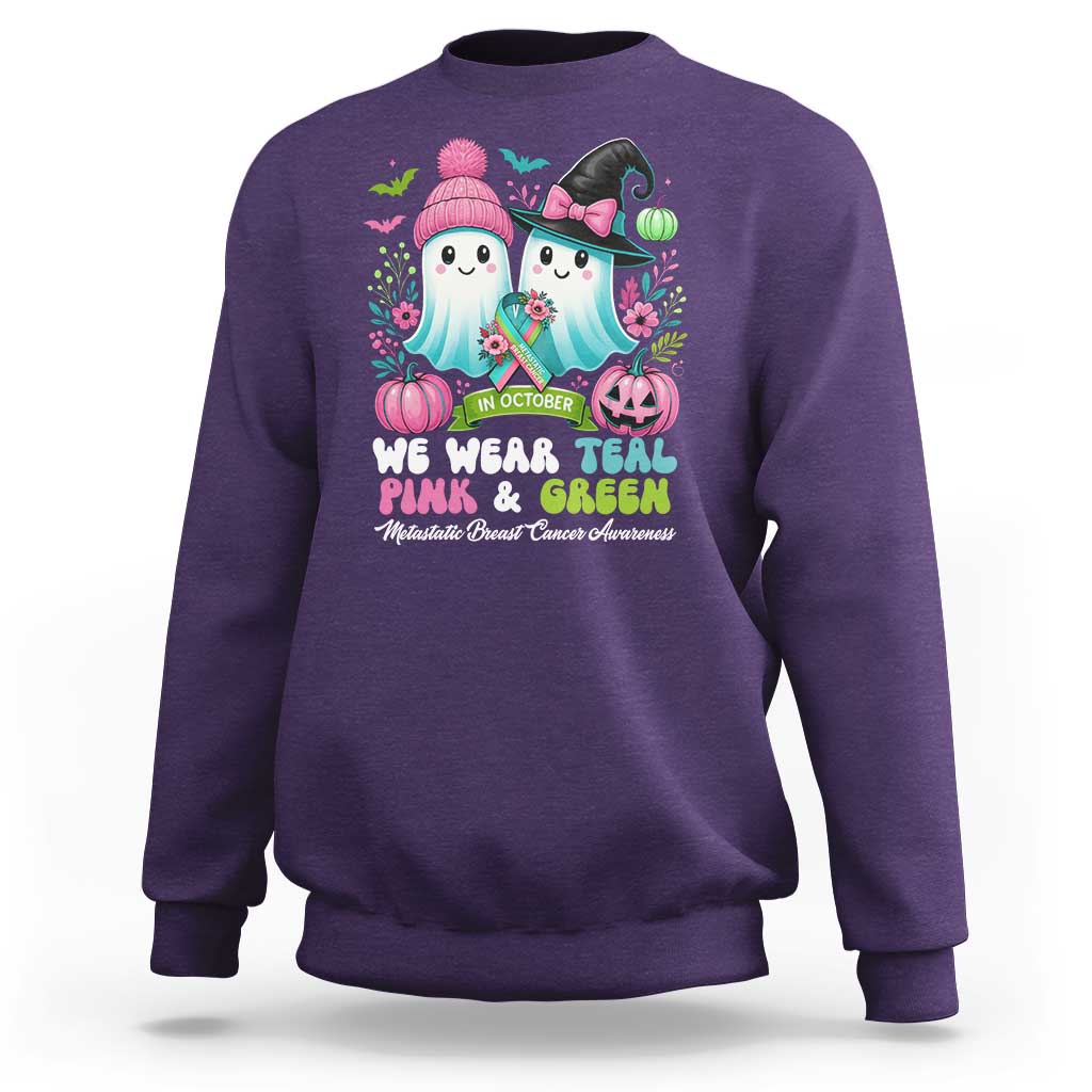 Metastatic Breast Cancer Awareness Ghost Sweatshirt Halloween Green Teal Pink Ribbon - Wonder Print Shop