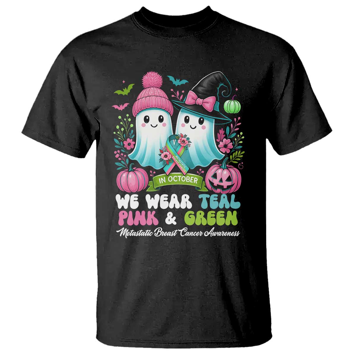 Metastatic Breast Cancer Awareness Ghost T Shirt Halloween Green Teal Pink Ribbon - Wonder Print Shop