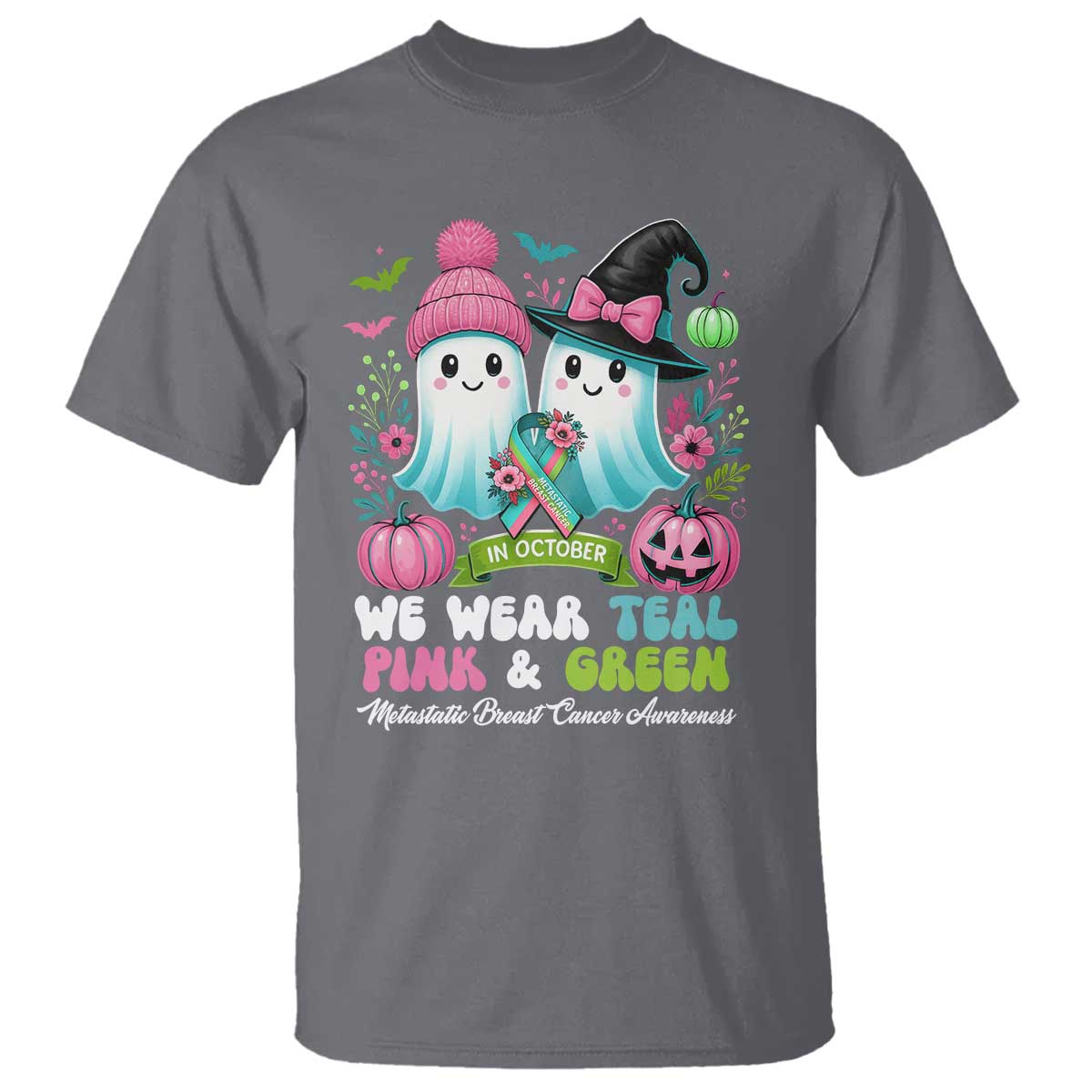 Metastatic Breast Cancer Awareness Ghost T Shirt Halloween Green Teal Pink Ribbon - Wonder Print Shop