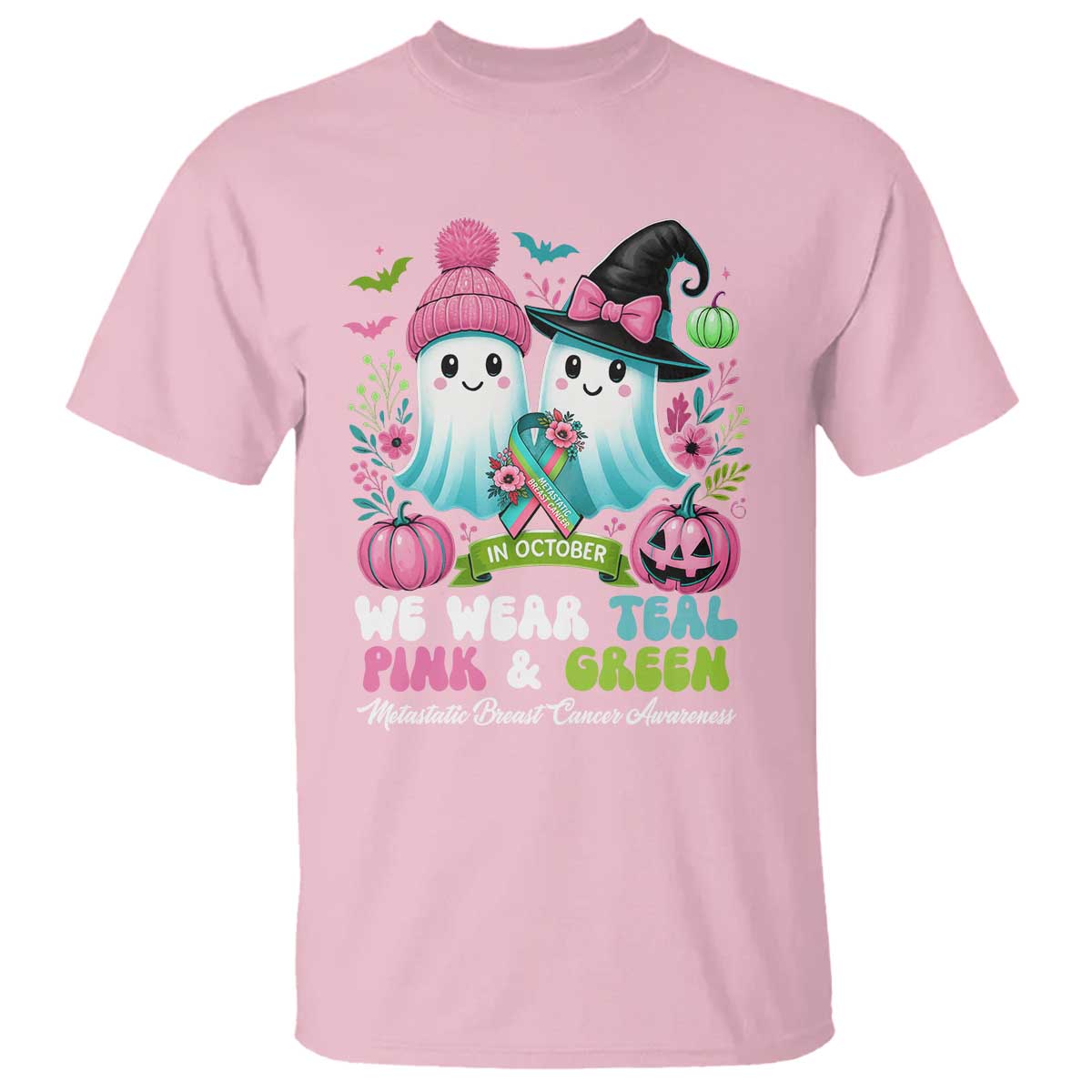 Metastatic Breast Cancer Awareness Ghost T Shirt Halloween Green Teal Pink Ribbon - Wonder Print Shop