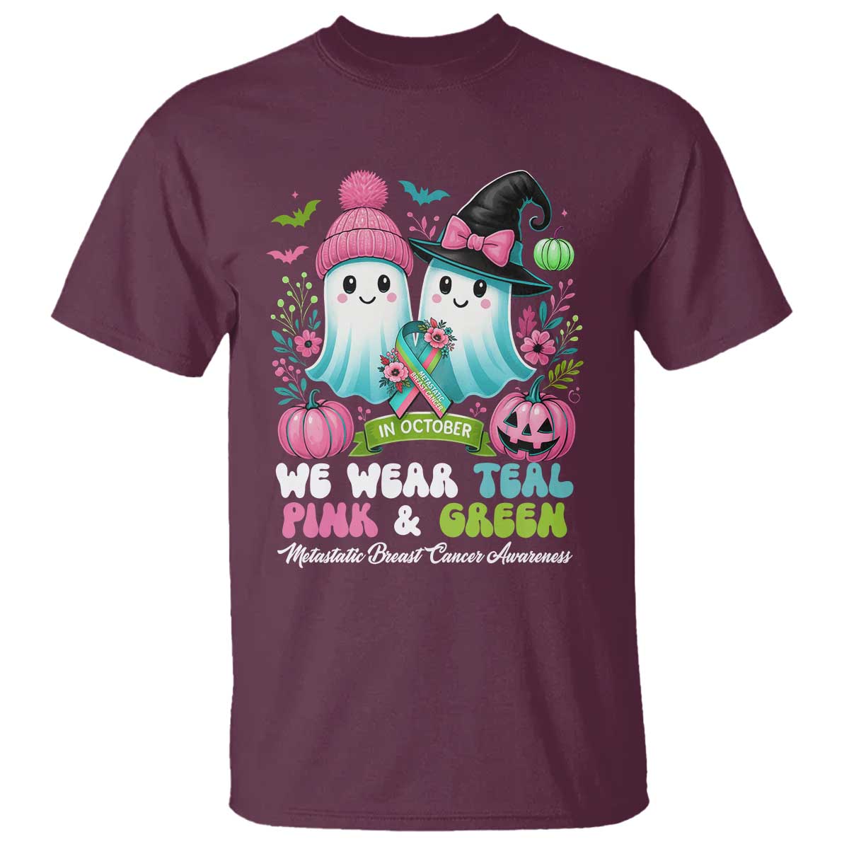 Metastatic Breast Cancer Awareness Ghost T Shirt Halloween Green Teal Pink Ribbon - Wonder Print Shop