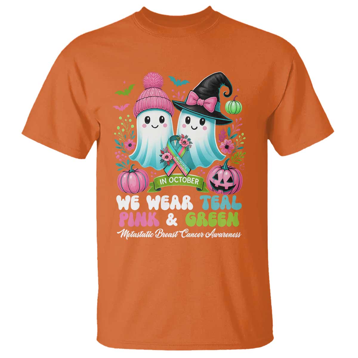 Metastatic Breast Cancer Awareness Ghost T Shirt Halloween Green Teal Pink Ribbon - Wonder Print Shop