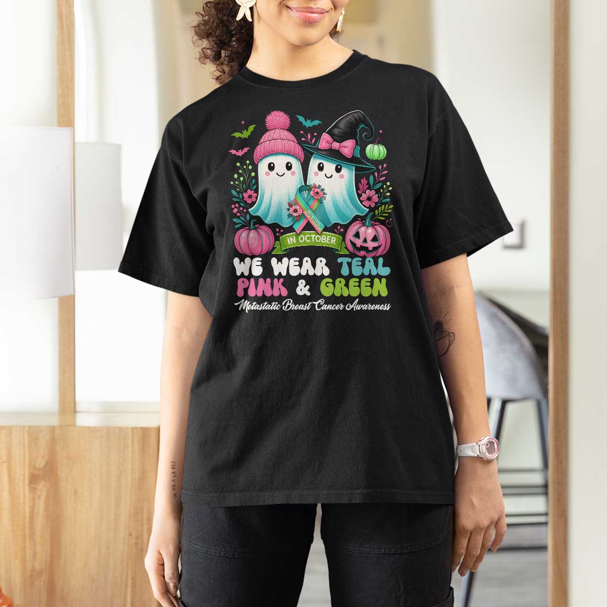 Metastatic Breast Cancer Awareness Ghost T Shirt For Women Halloween Green Teal Pink Ribbon - Wonder Print Shop