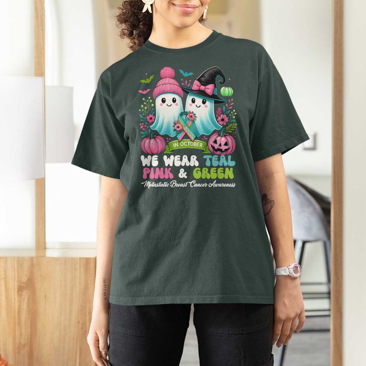 Metastatic Breast Cancer Awareness Ghost T Shirt For Women Halloween Green Teal Pink Ribbon - Wonder Print Shop