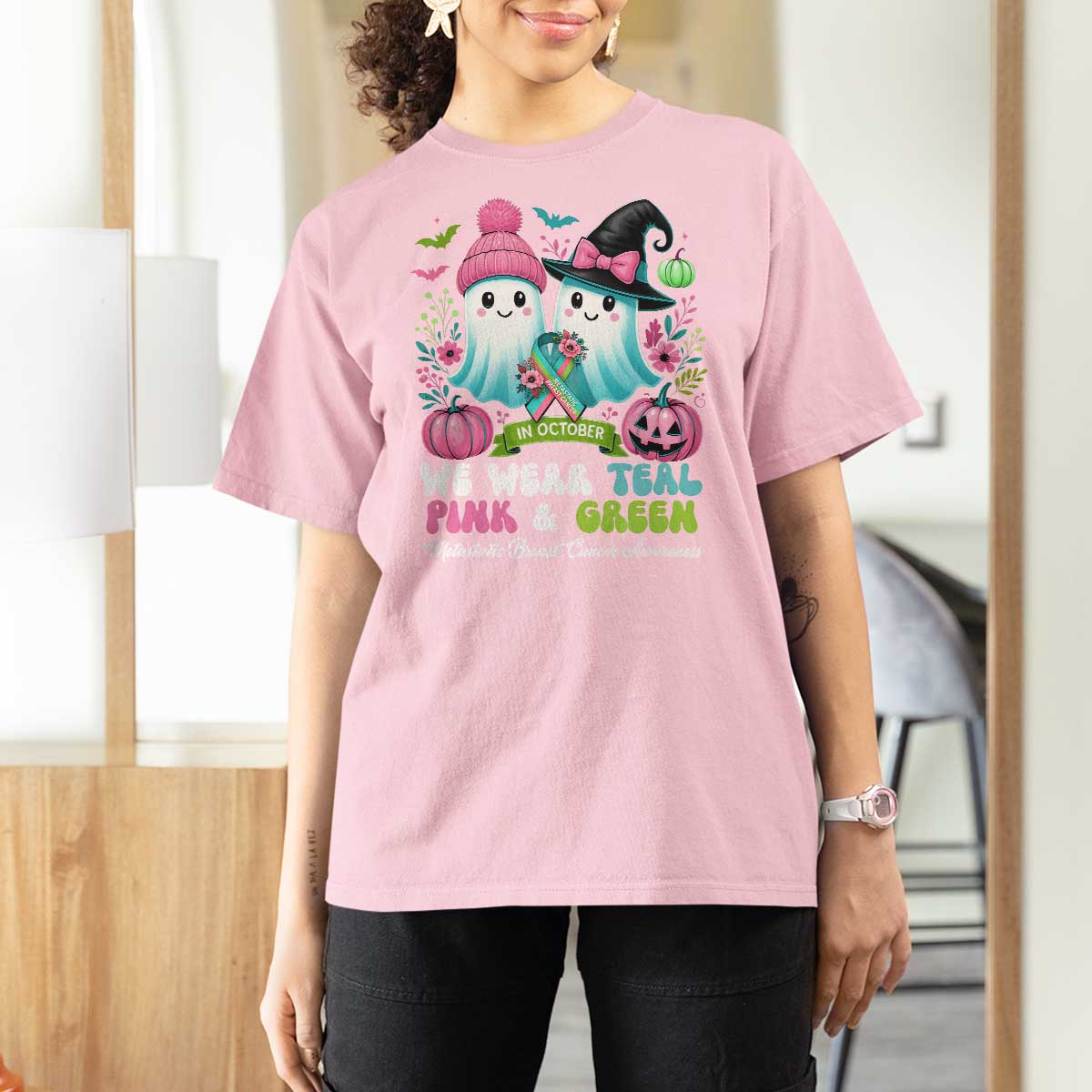 Metastatic Breast Cancer Awareness Ghost T Shirt For Women Halloween Green Teal Pink Ribbon - Wonder Print Shop