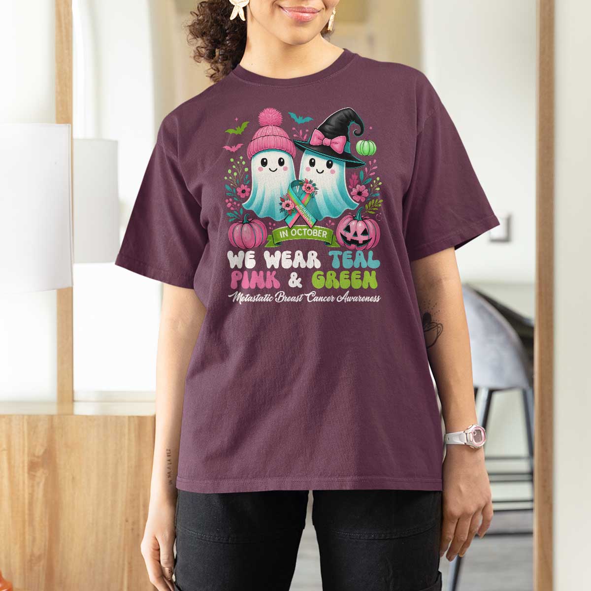 Metastatic Breast Cancer Awareness Ghost T Shirt For Women Halloween Green Teal Pink Ribbon - Wonder Print Shop