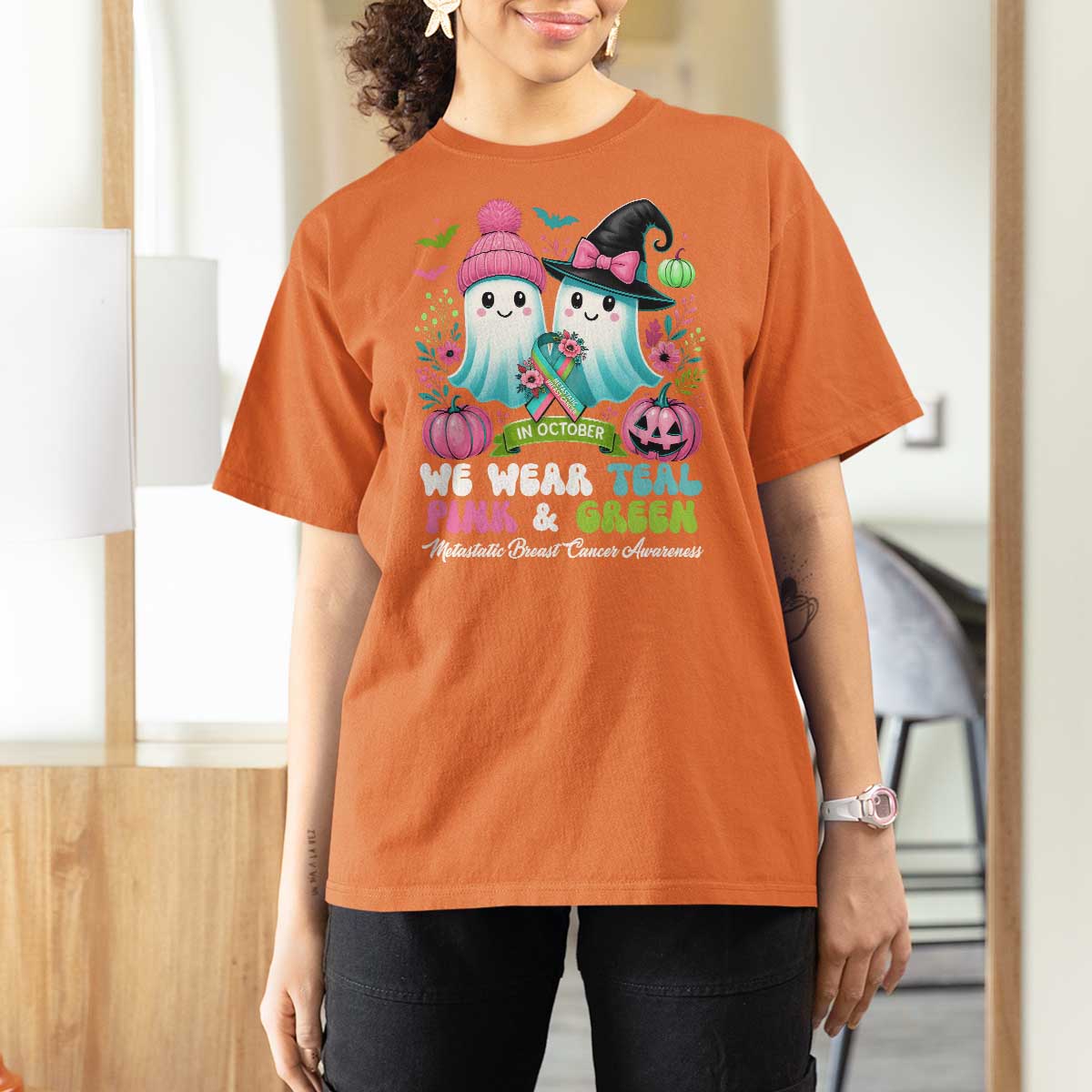 Metastatic Breast Cancer Awareness Ghost T Shirt For Women Halloween Green Teal Pink Ribbon - Wonder Print Shop