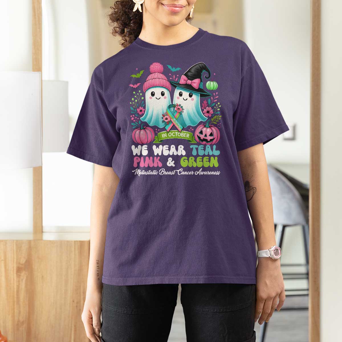 Metastatic Breast Cancer Awareness Ghost T Shirt For Women Halloween Green Teal Pink Ribbon - Wonder Print Shop