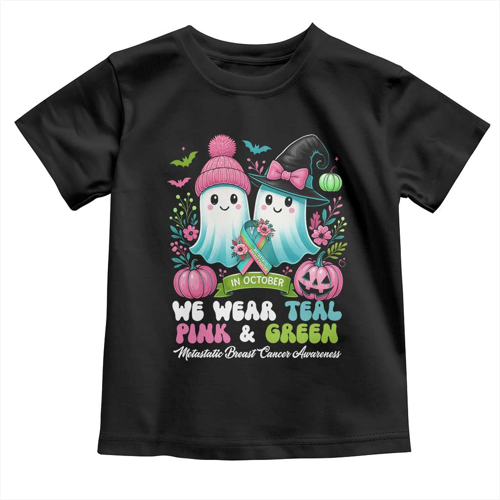 Metastatic Breast Cancer Awareness Ghost Toddler T Shirt Halloween Green Teal Pink Ribbon - Wonder Print Shop