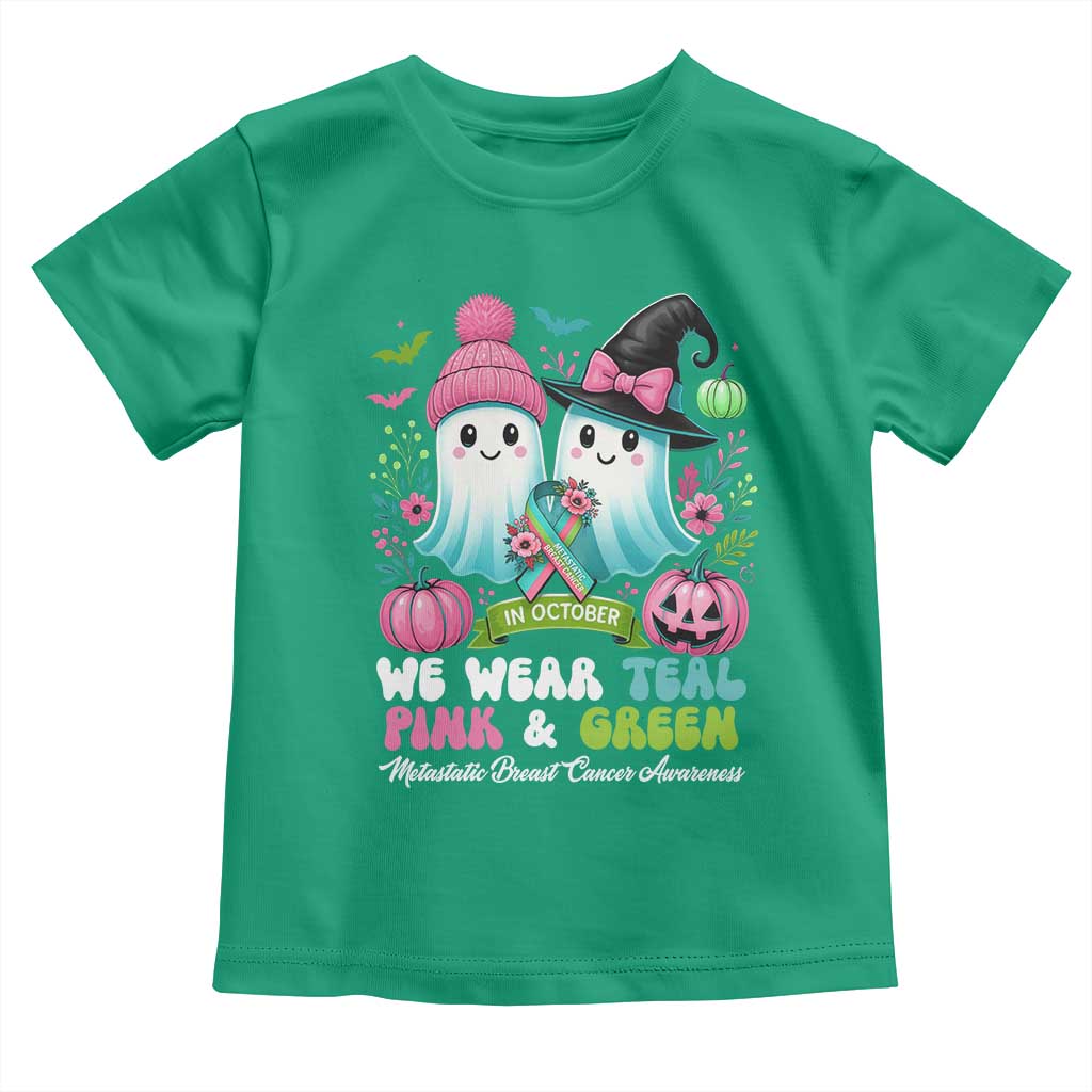 Metastatic Breast Cancer Awareness Ghost Toddler T Shirt Halloween Green Teal Pink Ribbon - Wonder Print Shop