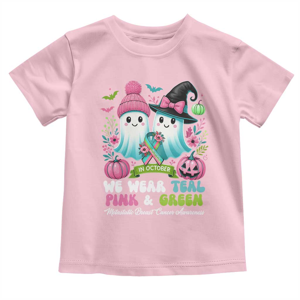 Metastatic Breast Cancer Awareness Ghost Toddler T Shirt Halloween Green Teal Pink Ribbon - Wonder Print Shop