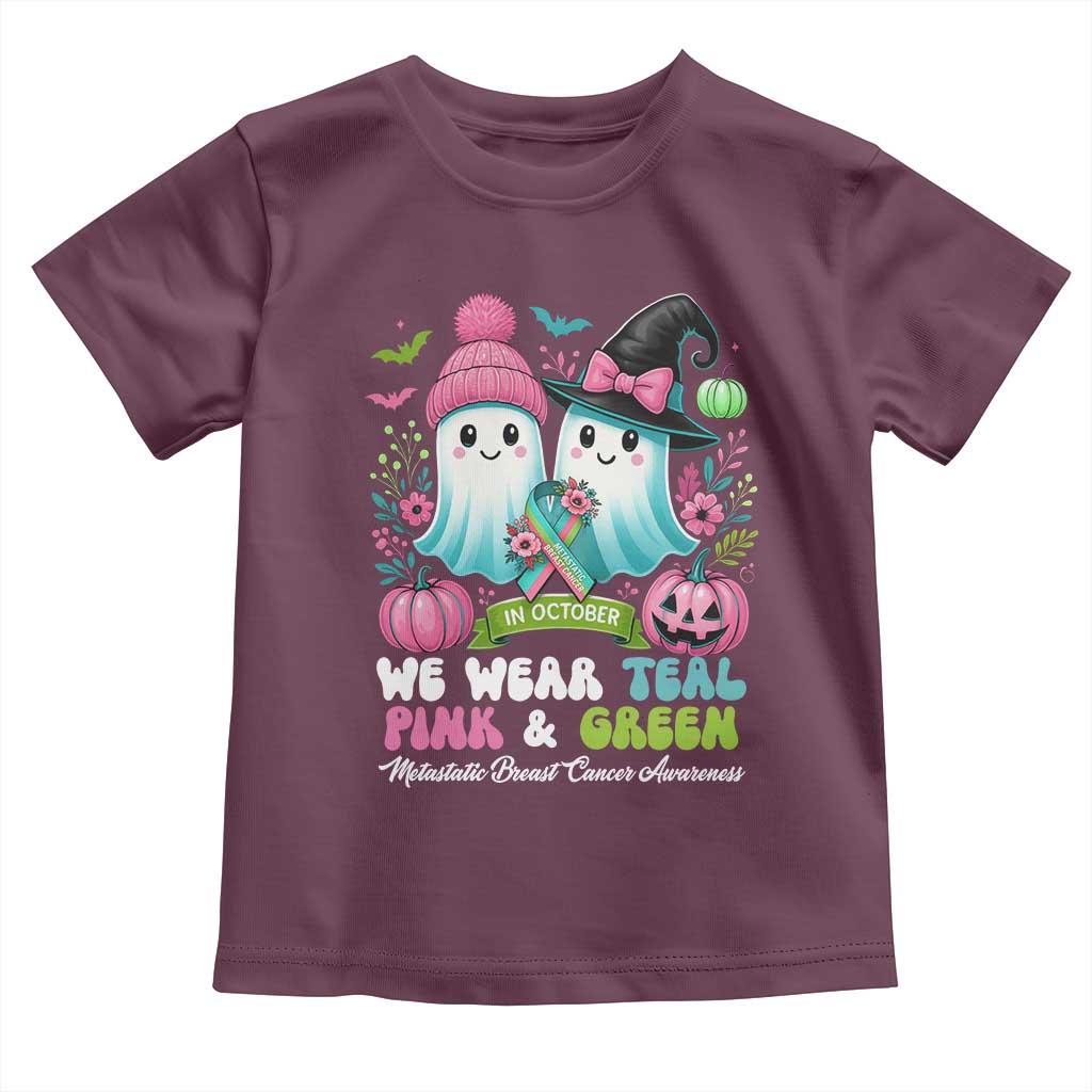 Metastatic Breast Cancer Awareness Ghost Toddler T Shirt Halloween Green Teal Pink Ribbon - Wonder Print Shop