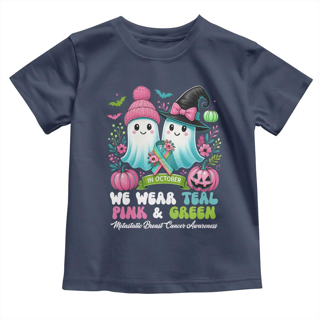 Metastatic Breast Cancer Awareness Ghost Toddler T Shirt Halloween Green Teal Pink Ribbon - Wonder Print Shop