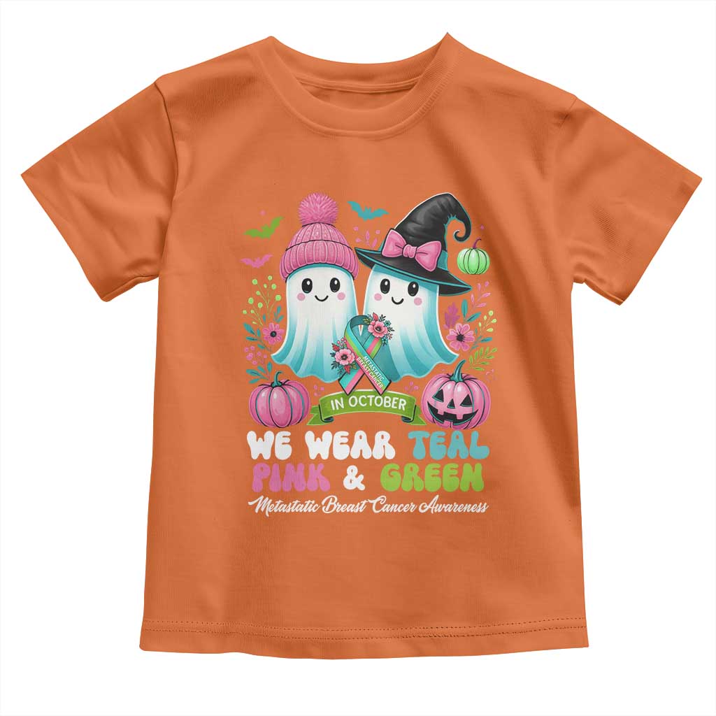Metastatic Breast Cancer Awareness Ghost Toddler T Shirt Halloween Green Teal Pink Ribbon - Wonder Print Shop