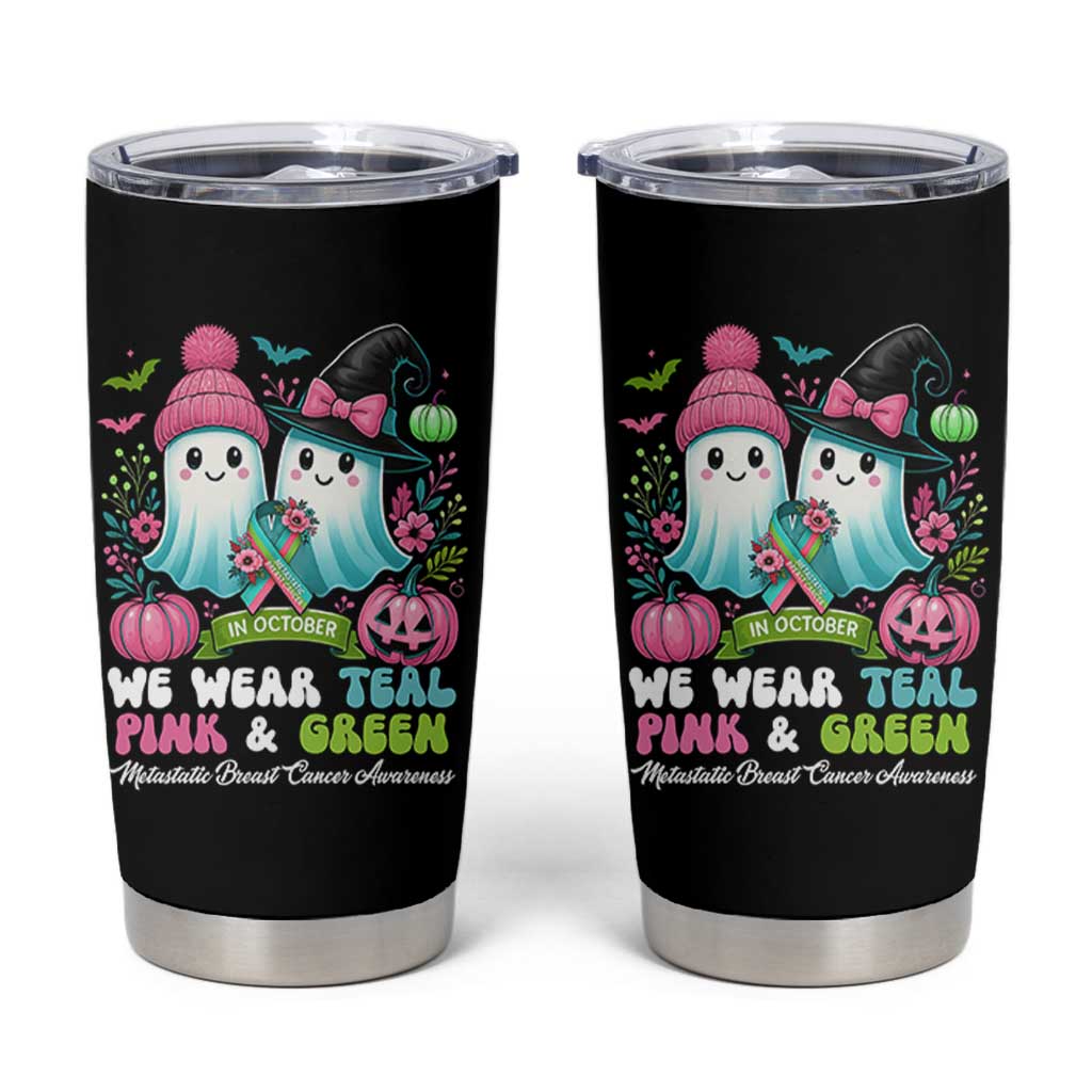 Metastatic Breast Cancer Awareness Ghost Tumbler Cup Halloween Green Teal Pink Ribbon - Wonder Print Shop