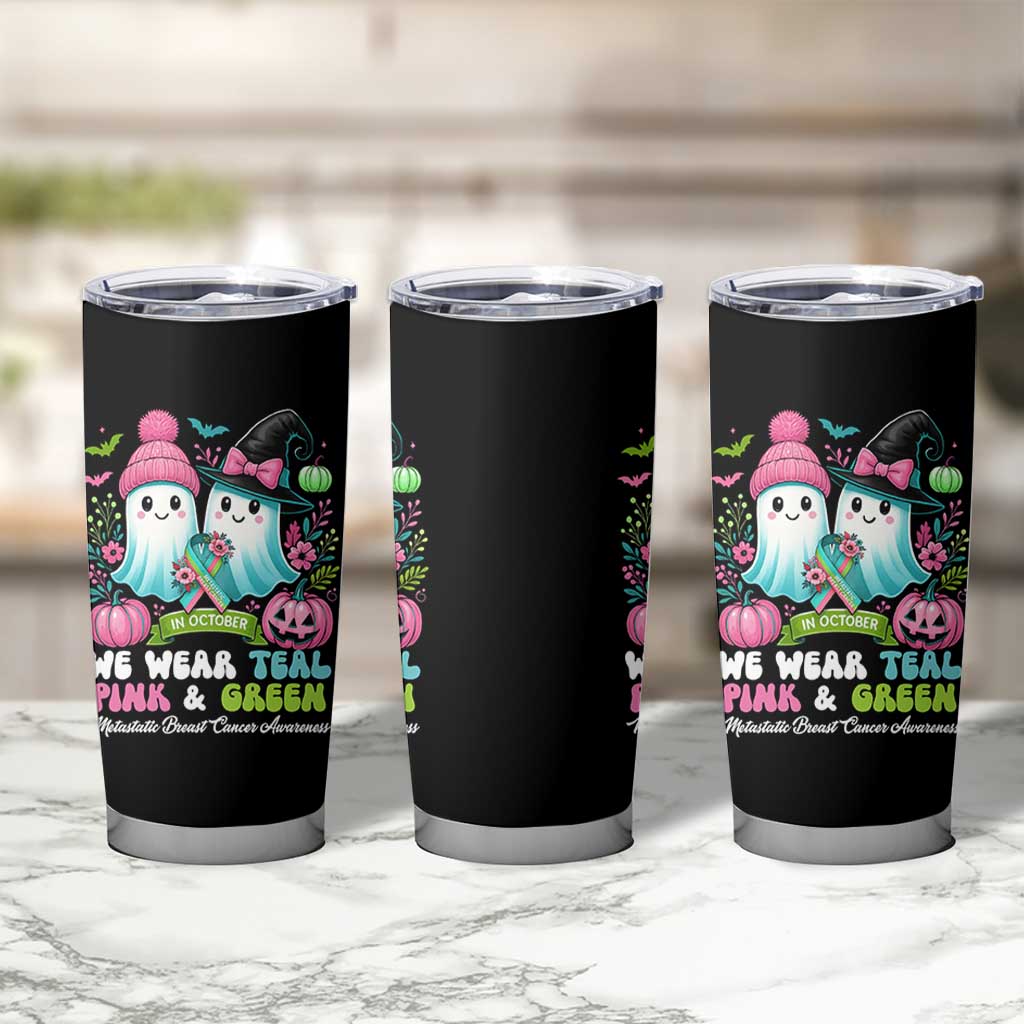 Metastatic Breast Cancer Awareness Ghost Tumbler Cup Halloween Green Teal Pink Ribbon - Wonder Print Shop