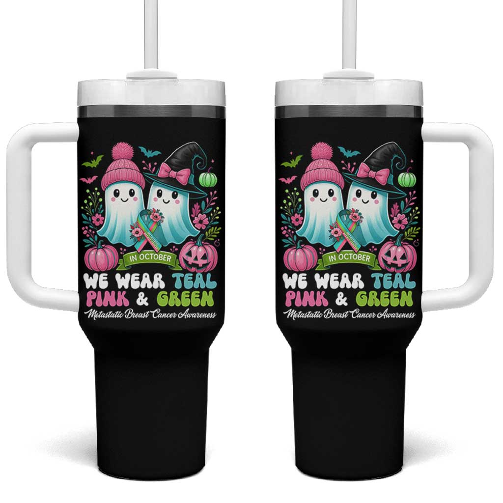 Metastatic Breast Cancer Awareness Ghost Tumbler With Handle Halloween Green Teal Pink Ribbon - Wonder Print Shop