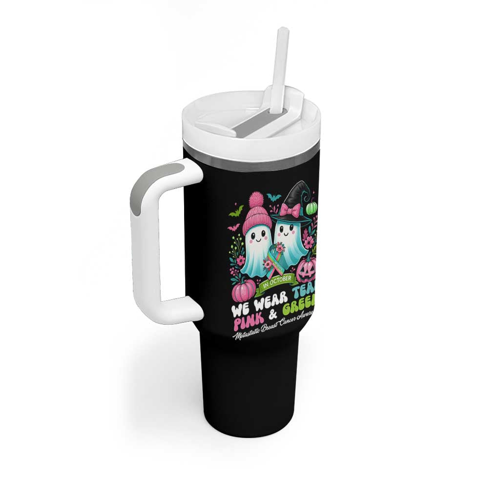 Metastatic Breast Cancer Awareness Ghost Tumbler With Handle Halloween Green Teal Pink Ribbon - Wonder Print Shop