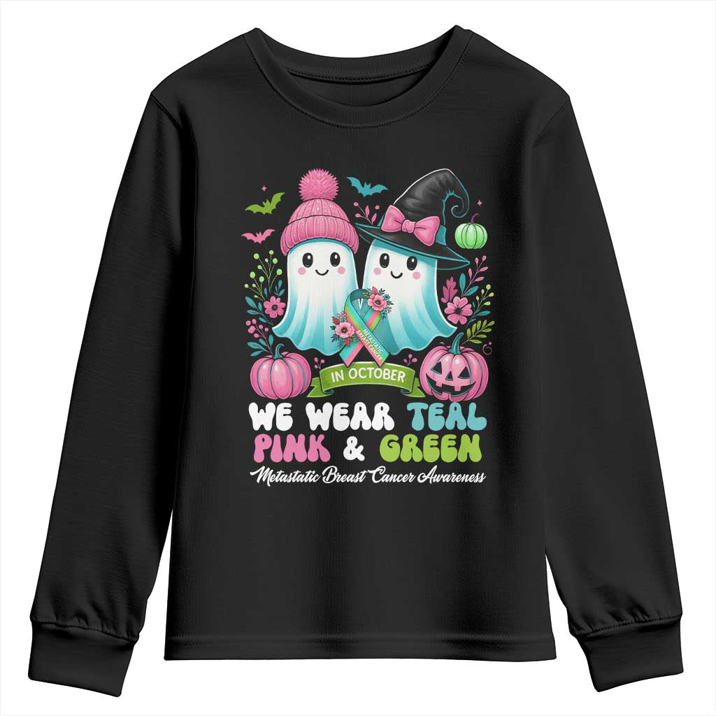 Metastatic Breast Cancer Awareness Ghost Youth Sweatshirt Halloween Green Teal Pink Ribbon - Wonder Print Shop