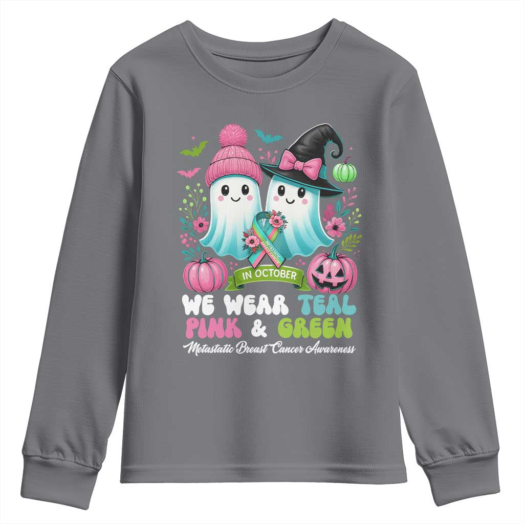 Metastatic Breast Cancer Awareness Ghost Youth Sweatshirt Halloween Green Teal Pink Ribbon - Wonder Print Shop